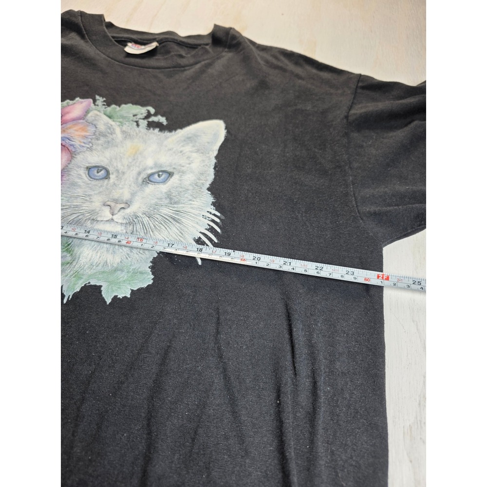 Vintage Hanes Cat T-Shirt XL Black Orchid Flower Graphic Cottagecore Boho 90s - Picture 4 of 5